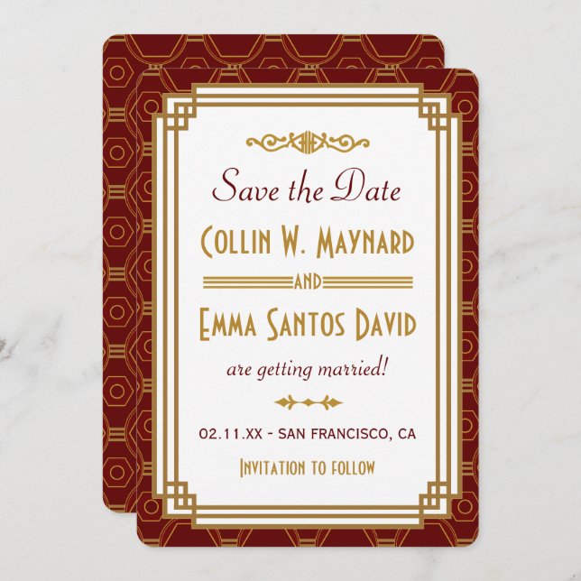 Custom Burgundy Art Deco Save The Date Invitation (Front/Back)