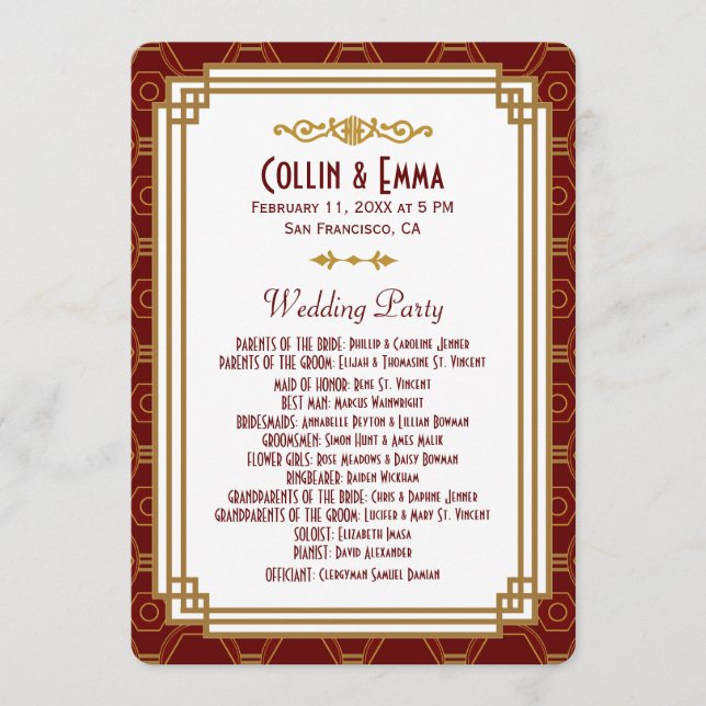 Custom Burgundy Art Deco Wedding Programs (Front)