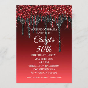 Custom Burgundy Black Glitter Drip Happy Birthday Invitation