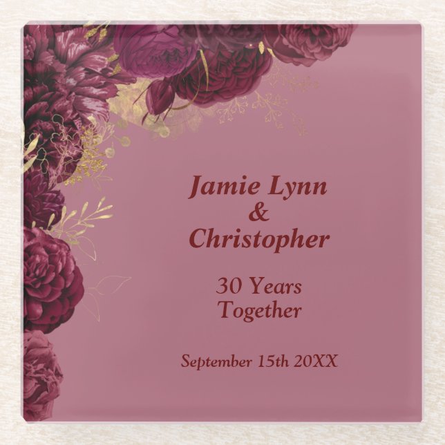 Custom Burgundy Floral Wedding Anniversary Glass Coaster (Front)