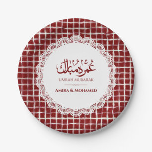 Custom Burgundy Grid Umrah Mubarak Paper Plates -
