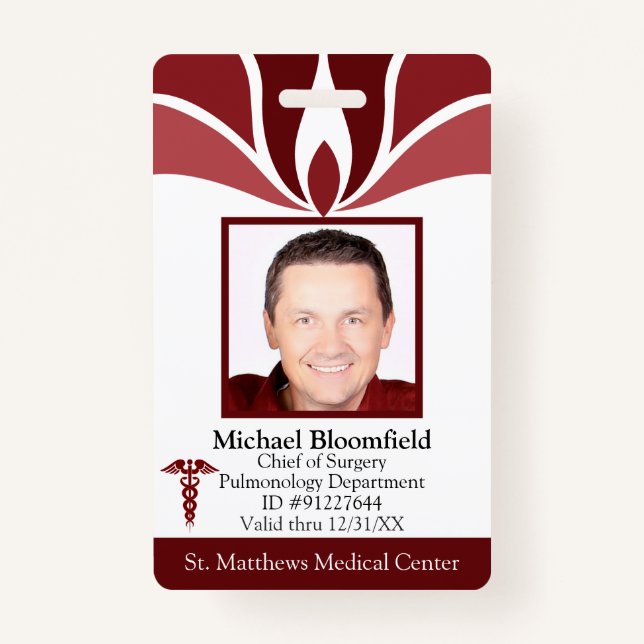 Custom Burgundy Hospital Employee Medical ID Badge (Front)