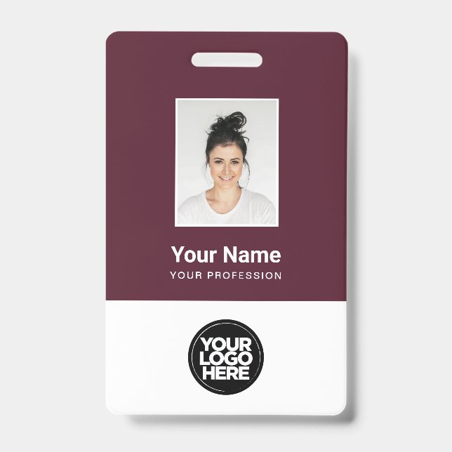 Custom Burgundy Red Employee Photo, Bar Code, Logo Badge (Front)