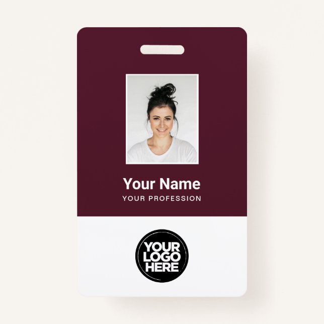 Custom Burgundy Red Employee Photo, Bar Code, Logo Badge (Front)