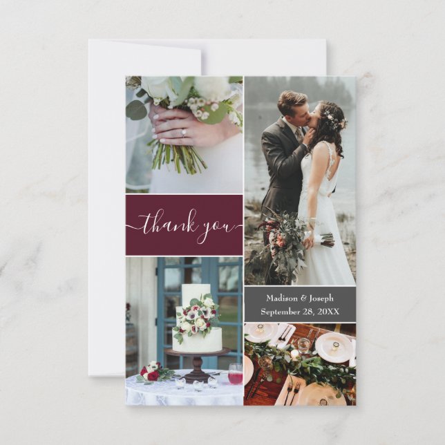 Custom Burgundy wedding Photo Collage thank You (Front)
