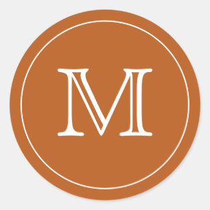 Custom BURNT ORANGE White Monogram Letter Classic Round Sticker