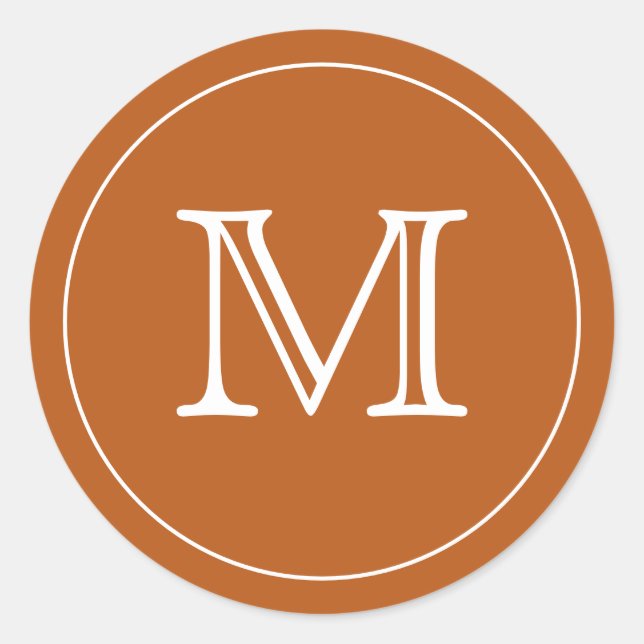 Custom BURNT ORANGE White Monogram Letter Classic Round Sticker (Front)