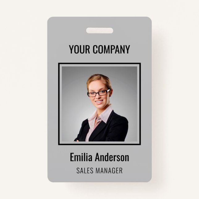 Custom Business Basic Employee Name Photo Grey Badge (Front)