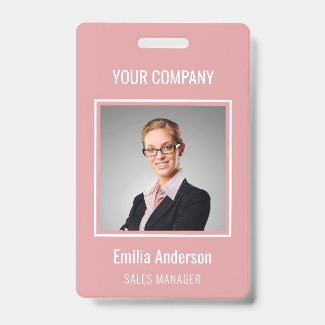 Custom Business Basic Employee Name Photo Pink Badge (Front)