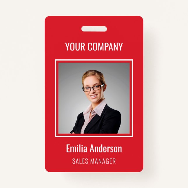 Custom Business Basic Employee Name Photo Red Badge (Front)