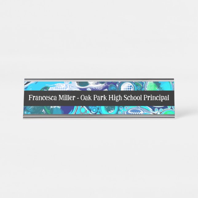 Custom Business Blue Sea Bubbles Abstract Art Desk Name Plate (Front)