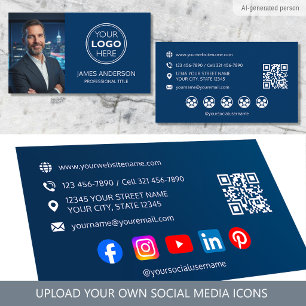 Custom Business Card Photo Logo Social Media Navy