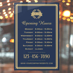 Custom Business Hours Navy Gold Vintage Window Cling