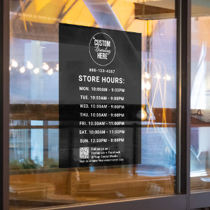 Custom Business Hours White Logo Text Black Back Window Cling