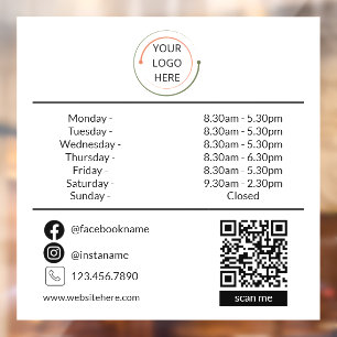 Custom Business Hours Window Cling with Logo & QR 