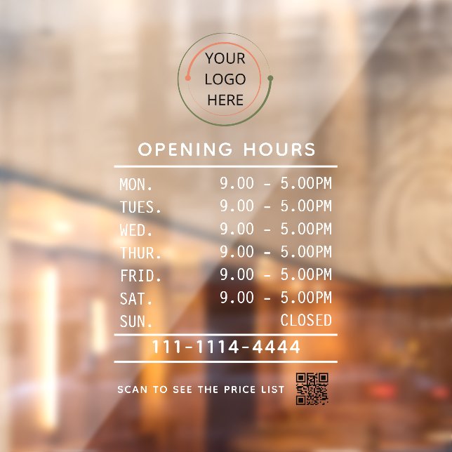 Custom Business Hours Window Cling with Logo & QR  (Sheet 2)