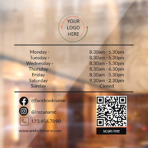 Custom Business Hours Window Cling with Logo & QR 