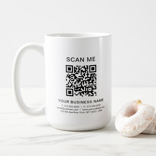 Custom Business Info QR Code Scan Me Promo 15 oz Coffee Mug (With Donut)