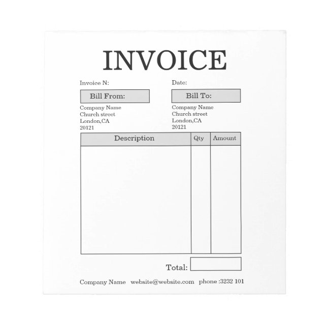 Custom Business Invoice Notepad (Front)