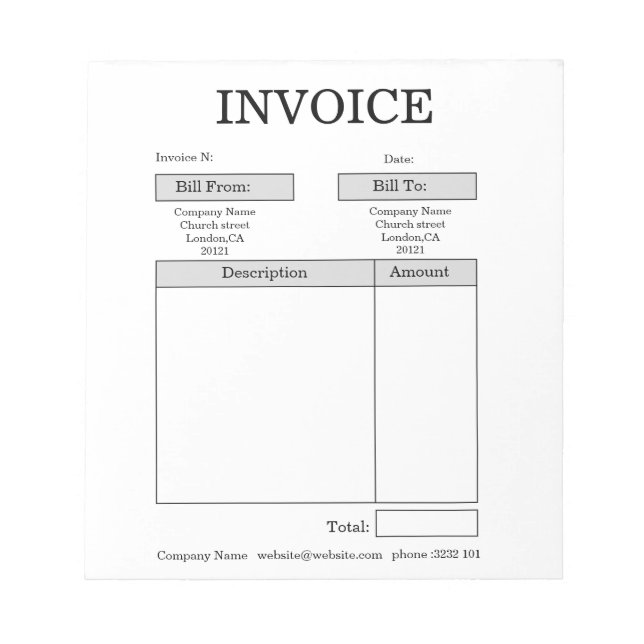 Custom Business Invoice Notepad (Front)