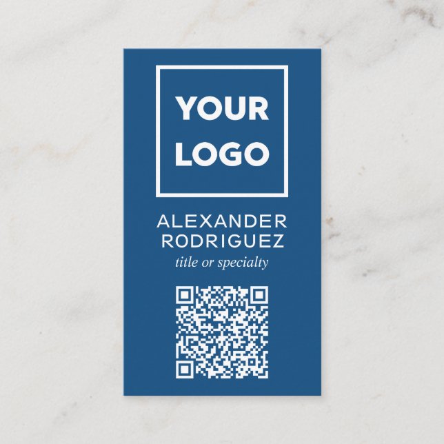 Custom Business Logo and QR Code Modern Blue Business Card (Front)