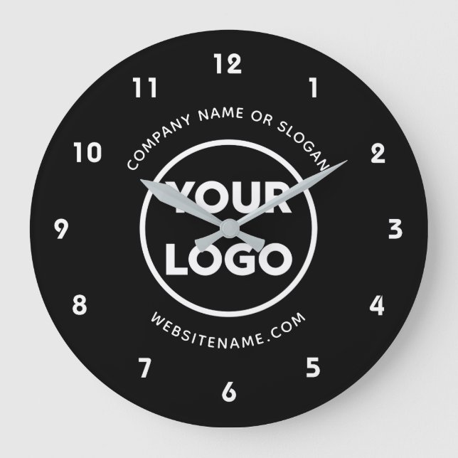 Custom Business Logo and Text Black Background Large Clock (Front)