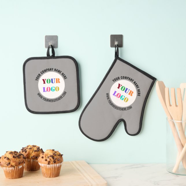 Custom Business Logo and Text Your Company Gift Oven Mitt & Pot Holder Set (Insitu(Hanging))