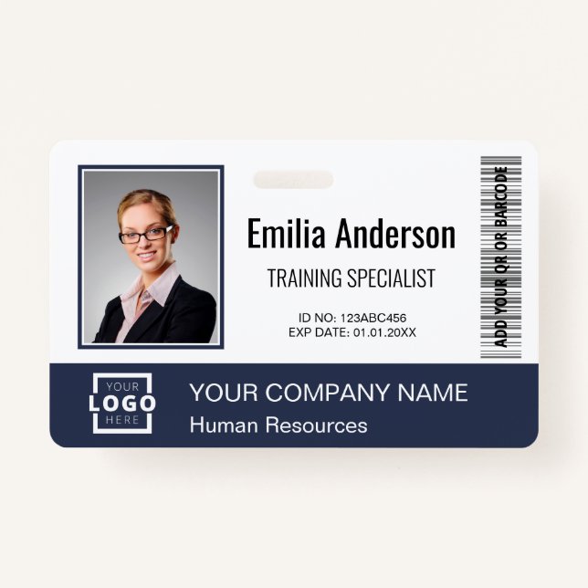 Custom Business Logo Bar Code Employee Photo Blue Badge (Front)