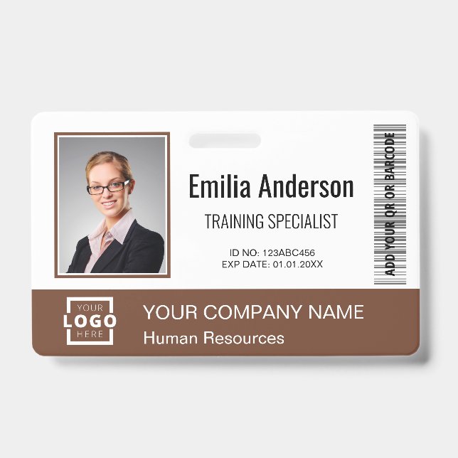 Custom Business Logo Bar Code Employee Photo Brown Badge (Front)