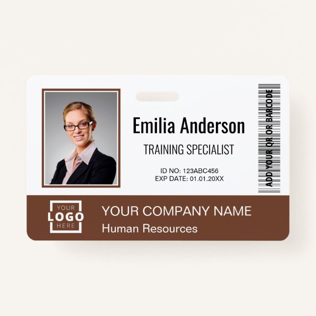 Custom Business Logo Bar Code Employee Photo Brown Badge (Front)