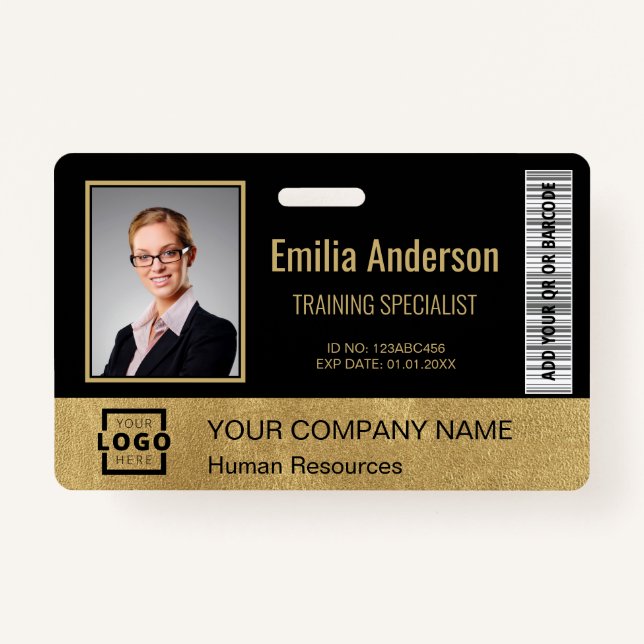 Custom Business Logo Bar Code Employee Photo Gold Badge (Front)