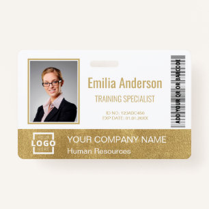 Custom Business Logo Bar Code Employee Photo Gold Badge