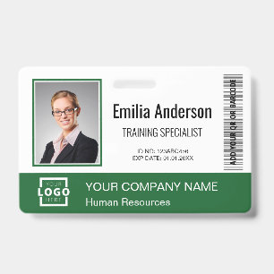 Custom Business Logo Bar Code Employee Photo Green Badge