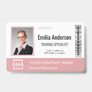 Custom Business Logo Bar Code Employee Photo Pink Badge