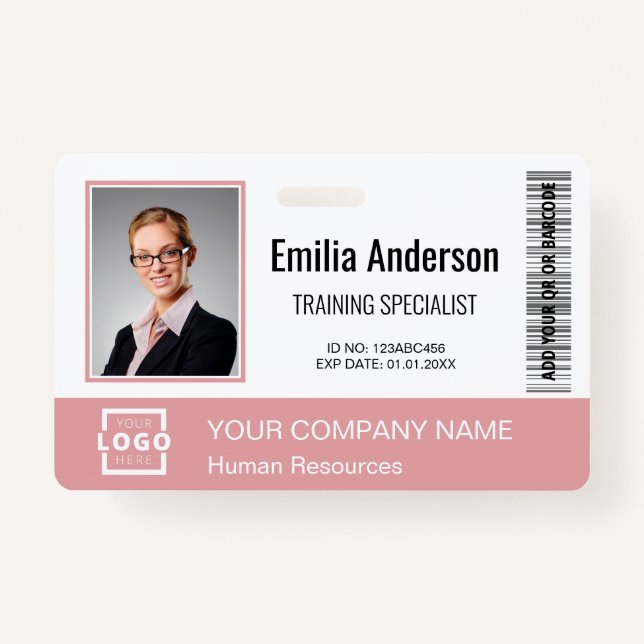 Custom Business Logo Bar Code Employee Photo Pink Badge (Front)