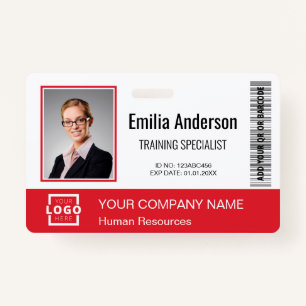 Custom Business Logo Bar Code Employee Photo Red Badge