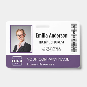 Custom Business Logo Barcode Employee Photo Purple Badge