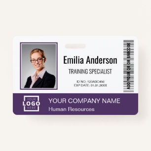 Custom Business Logo Barcode Employee Photo Purple Badge
