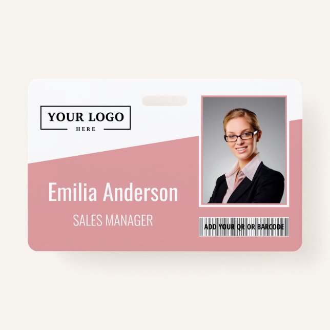 Custom Business Logo Barcode Photo Employee Pink Badge (Front)