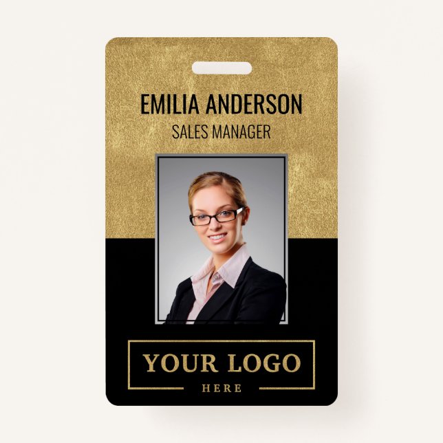 Custom Business Logo Basic Employee Photo Gold Badge (Front)