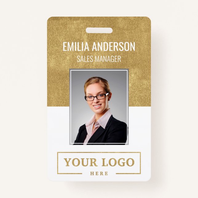 Custom Business Logo Basic Employee Photo Gold Badge (Front)