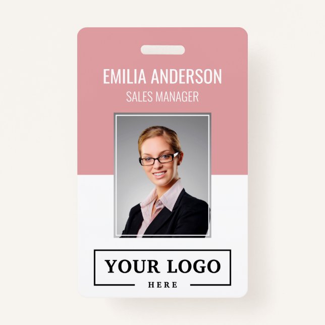 Custom Business Logo Basic Employee Photo Pink Badge (Front)