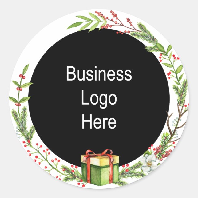 Custom Business Logo Christmas Holiday Wreath Classic Round Sticker (Front)