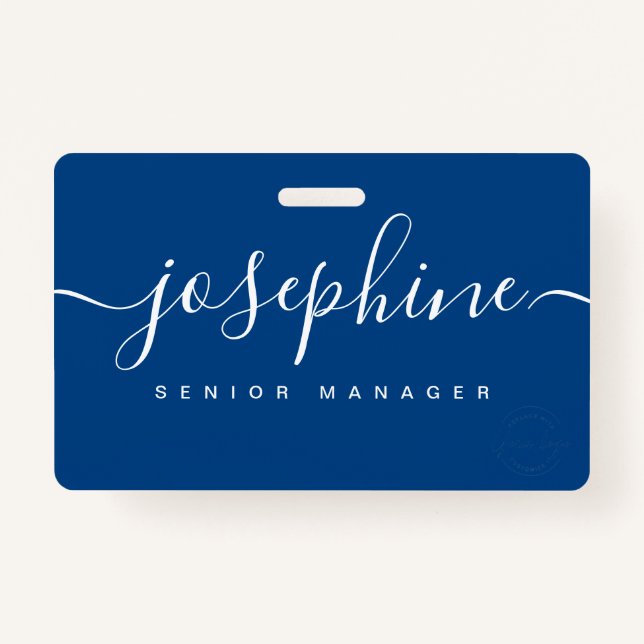 Custom business logo Elegant script name blue Badge (Front)