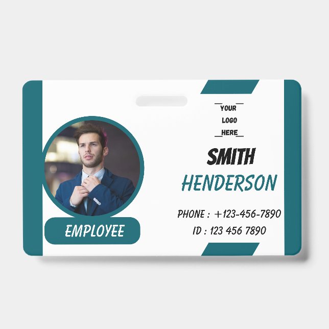 Custom Business Logo Employee Photo Blue ID Badge (Front)