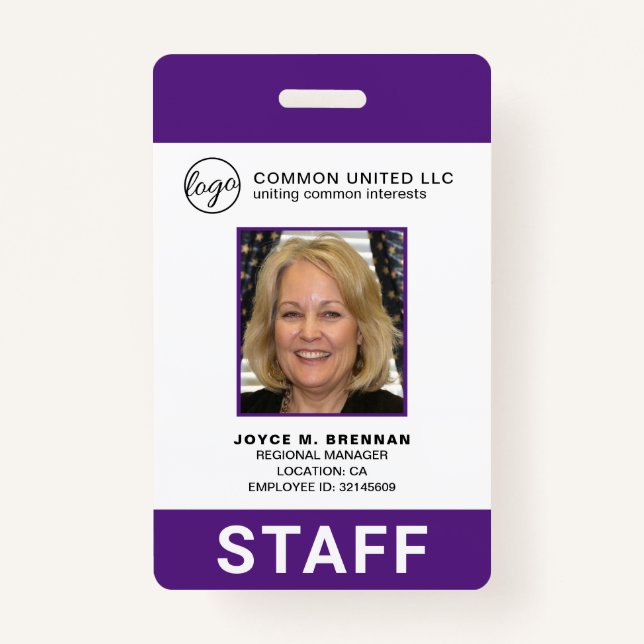 Custom Business Logo Employee Purple Photo ID Badge (Front)