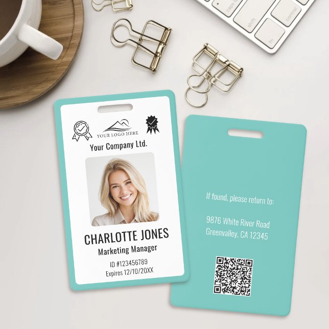 Custom Business Logo Employee QR Code Teal ID Badge (Creator Uploaded)