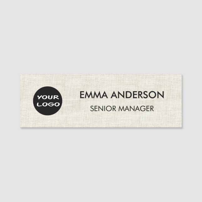 Custom Business Logo Faux Beige Burlap Name Tag (Front)