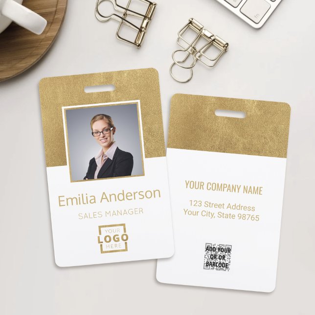Custom Business Logo Gold Barcode Employee Photo Badge (Creator Uploaded)
