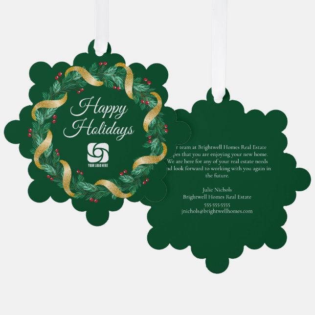 Custom Business Logo Green Christmas Wreath Ornament Card (Front/Back)